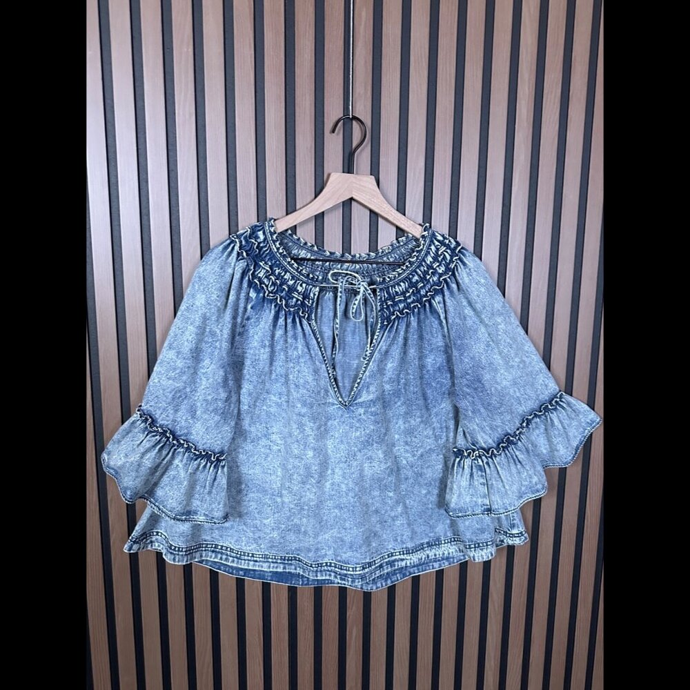 Free People Denim Top Blue Bell Sleeve Smocked Trim Acid Wash Denim Shirt Boho S